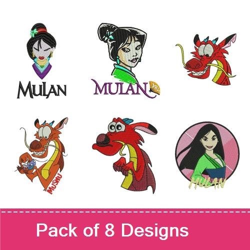 Mulan & Mushu Embroidery Designs Bundle – Mulan Face, Mushu with Dragon, Mulan with Sword & More (8 Designs)