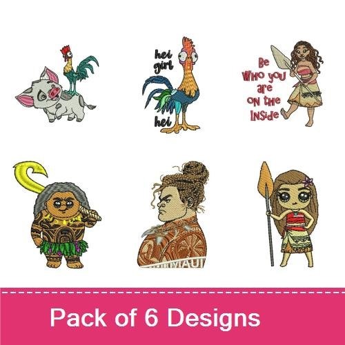 Moana Characters Embroidery Bundle – Moana with Spear, Pua the Pig, Heihei the Rooster & More (6 Designs)