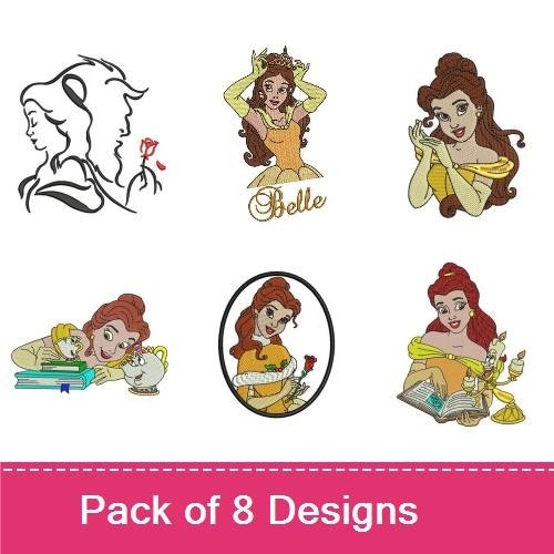 Belle Character Embroidery Bundle – Belle with Book, Belle with Rose, Belle Reading & More (8 Designs)