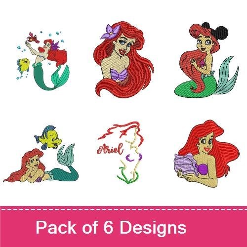 Mermaid Adventure Embroidery Designs Bundle – Ariel, Flounder, Mickey Ears & More (6 Designs)