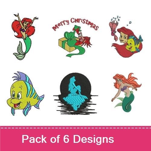 Underwater Mermaid Friends Embroidery Designs Bundle – Mermaid with Purple Seashells, Merry Christmas Mermaid & More (6 Designs)