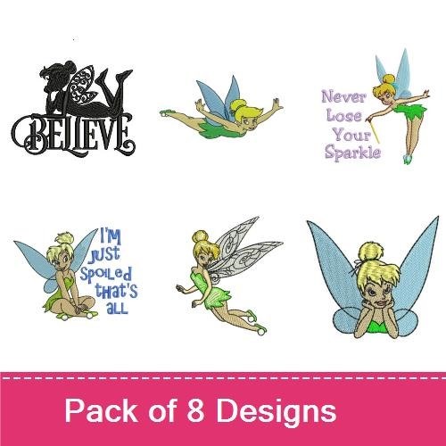 Tinker Fairy Embroidery Designs Bundle – Tinker Fairy with Wings, Believe, Tinker Fairy in Flight & More (8 Designs)