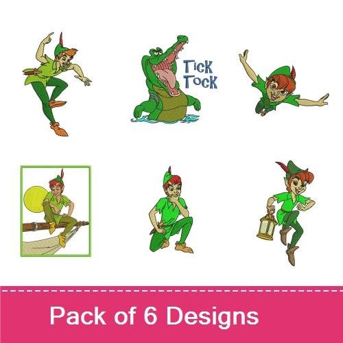 Peter Pan Adventure Embroidery Designs Bundle – Peter Pan with Shadow, Crocodile with Tick Tock & More (6 Designs)