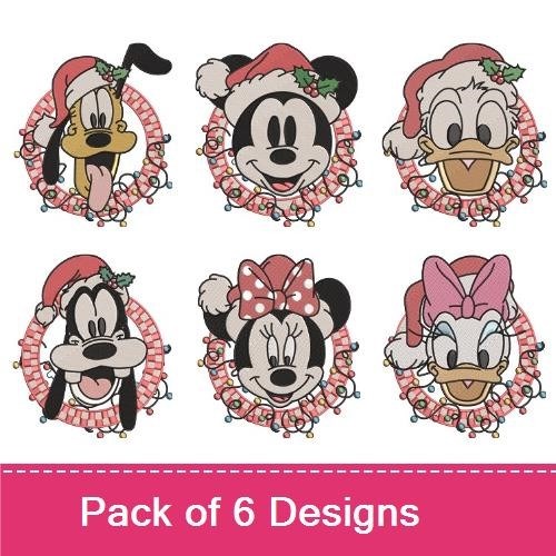 Festive Disney Characters Embroidery Designs Bundle – Mickey Mouse, Minnie Mouse, Goofy & More (6 Designs)