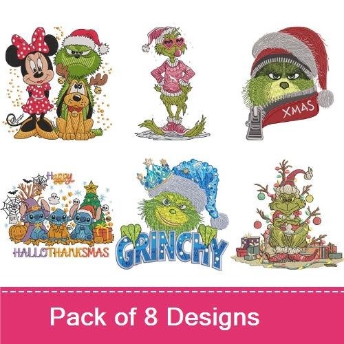 Holiday Characters Embroidery Designs Bundle – Grinch, Minnie Mouse, Halloween Pumpkin & More (8 Designs)