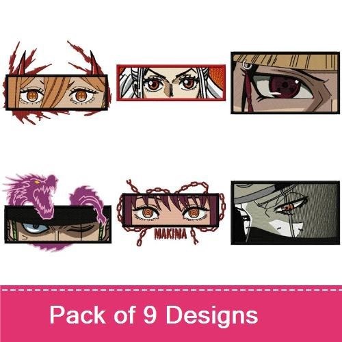 Anime Eyes Embroidery Designs Bundle – Red, Black, Green, Blue & More (9 Designs)