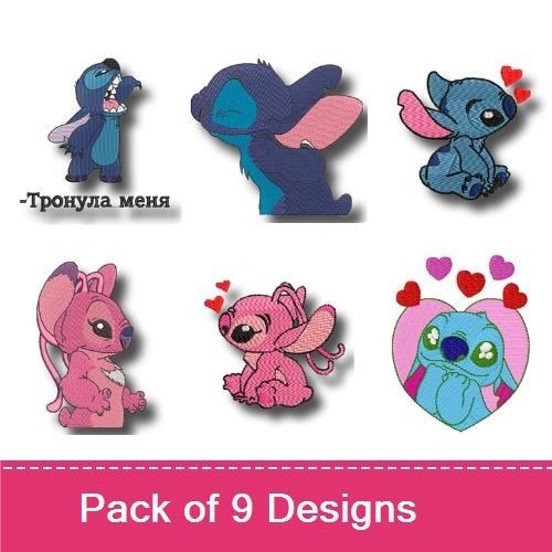 Cute Characters Embroidery Bundle – Stitch & Angel with Hearts, Together & More (9 Designs)