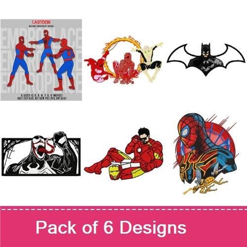 Superhero Characters Embroidery Designs Bundle – Spider-Man Action Pose, Batman Symbol, Iron Man Portrait & More (6 Designs)