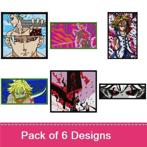 Anime Characters Embroidery Bundle – Character with Sword, Blue Hair, Abstract Background & More (6 Designs)