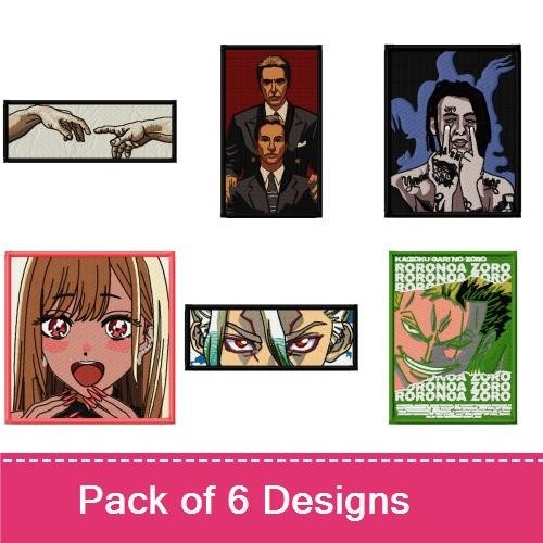 Eclectic Pop Culture Embroidery Designs Bundle – The Godfather, Anime Girl, Character Portrait & More (6 Designs)