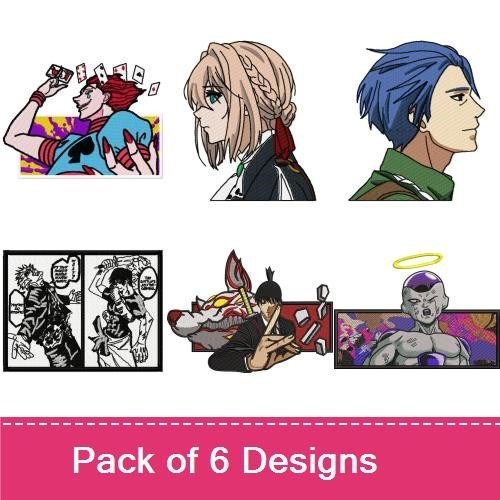 Anime Characters Embroidery Designs Bundle – Manga Character with Cards, Female Anime Character, Anime Male Character Side Profile & More (6 Designs)