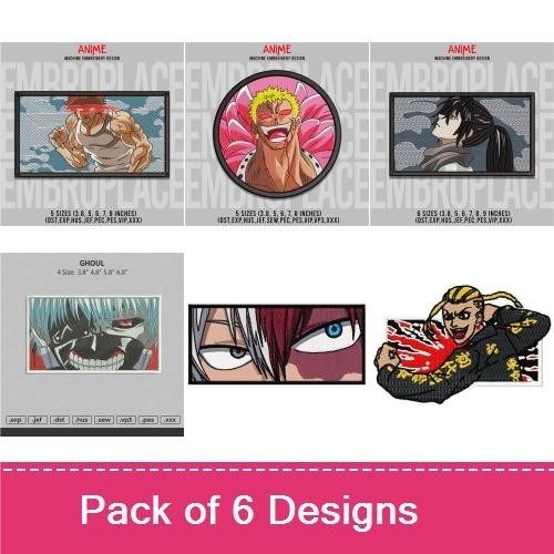 Anime Characters Embroidery Bundle – Ghoul, Character with Red Eyes, Character with Pink Hair & More (6 Designs)