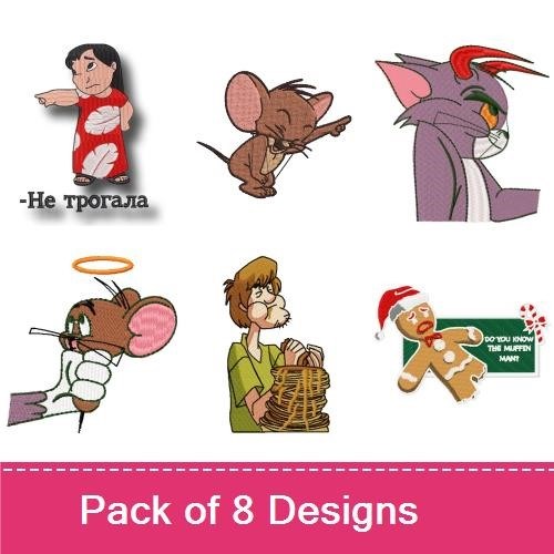 Classic Cartoon Characters Embroidery Bundle – Tom Cat, Jerry Mouse, Santa Claus & More (8 Designs)