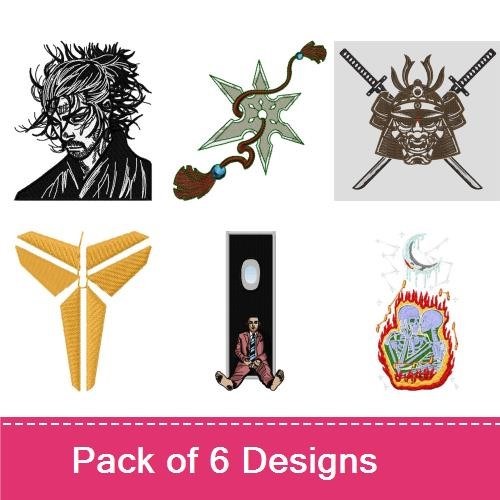Samurai & Japanese Symbols Embroidery Designs Bundle – Samurai Portrait, Shuriken, Samurai Mask & More (6 Designs)