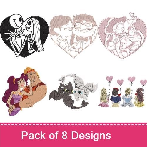 Romantic Couples Embroidery Designs Bundle – Jack and Sally, Gomez and Morticia, Princess and Beast & More (8 Designs)