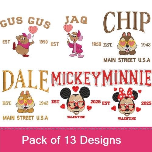 Disney Character Valentines Embroidery Designs Bundle – Chip, Gus Gus, McQueen & More (13 Designs)