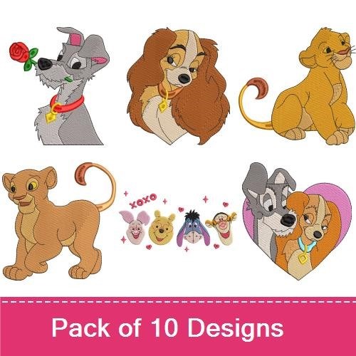 Lady and the Tramp & Lion King Embroidery Bundle – Beloved Characters (10 Designs)