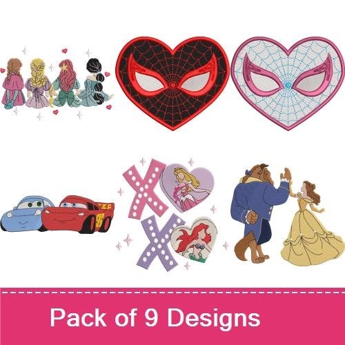 Princess & Love Characters Embroidery Designs Bundle – Lightning McQueen, Belle, Cinderella & More (9 Designs)