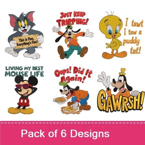 Classic Cartoon Characters Embroidery Designs Bundle – Tom Cat with Sign, Tweety Bird with Quote, Mickey Mouse Phrase & More (6 Designs)