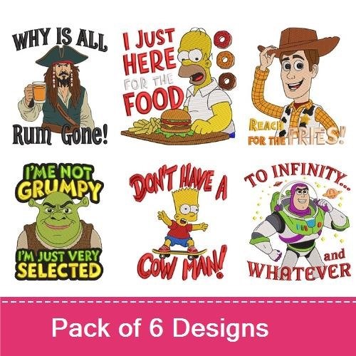 Funny Character Quotes Embroidery Designs Bundle – Pirate, Homer Simpson, Woody & More (6 Designs)
