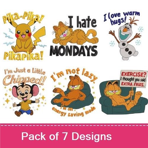 Cute & Funny Cartoon Characters Embroidery Bundle – Pikachu, Garfield, Warm Hugs & More (7 Designs)