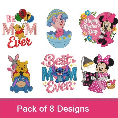 Easter & Mother's Day Characters Embroidery Designs Bundle – Best Mom Ever, Winnie the Pooh, Piglet & More (8 Designs)
