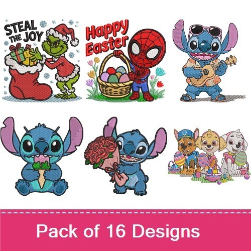 Holiday Characters Embroidery Designs Bundle – Grinch, Spider-Man, Stitch, Elf & More (8 Designs)