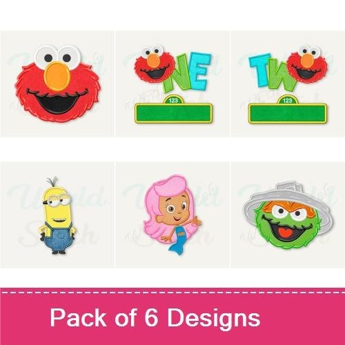 Applique Character Fun Embroidery Designs Bundle – Elmo Face, Minion, Mermaid & More (6 Designs)