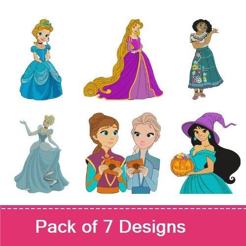 Princess & Fantasy Characters Embroidery Designs Bundle – Grey Haired Princess, Cinderella, Sleeping Beauty & More (7 Designs)