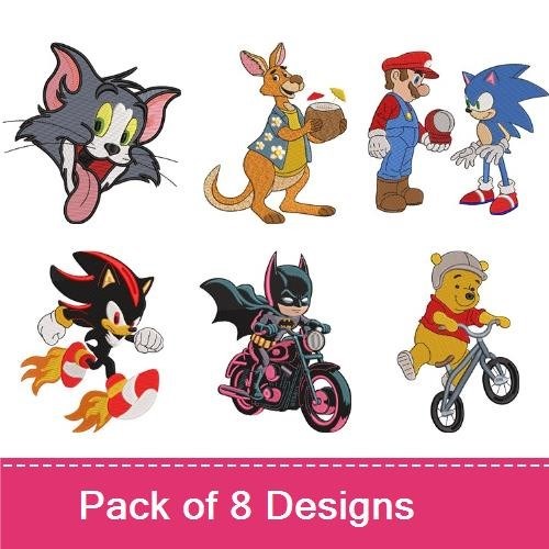 Classic Cartoon Characters Embroidery Bundle – Tom Cat, Panda with Balloons, Dancing Girl & More (8 Designs)