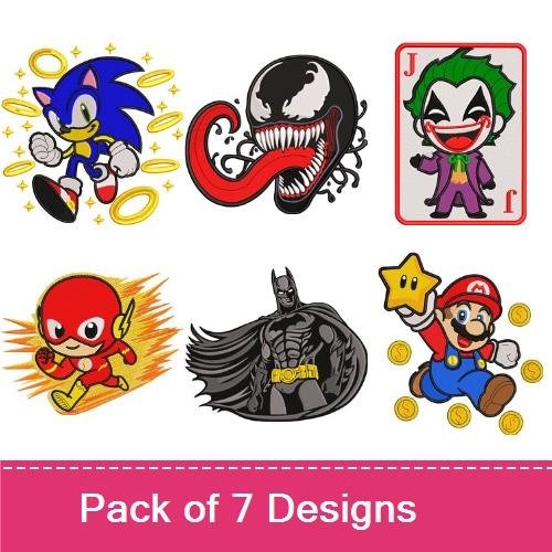 Superhero & Gaming Characters Embroidery Designs Bundle – Captain America, Sonic, Venom & More (7 Designs)