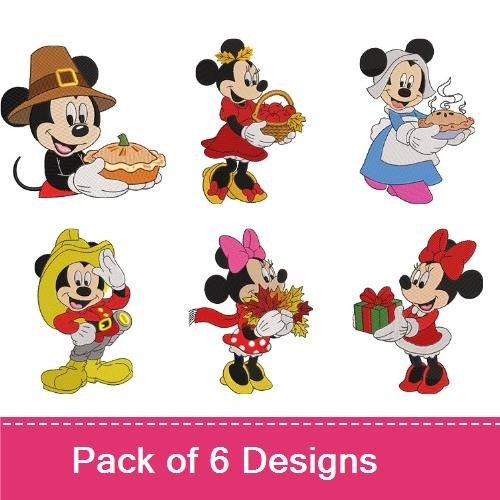 Festive Fall Disney Characters Embroidery Designs Bundle – Mickey & Minnie with Pies, Pumpkin, Gifts & More (6 Designs)