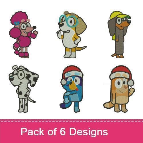 Bluey Embroidery Designs Bundle – Bluey, Bingo, Coco, Snickers & More Characters (6 Designs)
