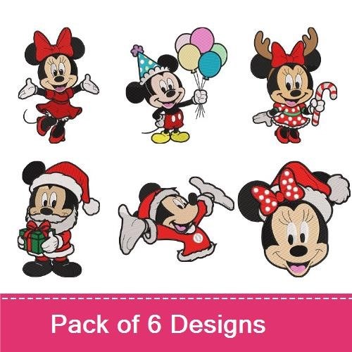 Mickey & Minnie Christmas Characters Embroidery Designs Bundle – Festive Gifts, Hats, Bows & More (6 Designs)