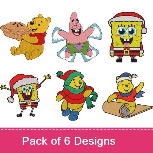 Festive Cartoon Characters Embroidery Designs Bundle – Winnie the Pooh, SpongeBob, Patrick Star & More (6 Designs)