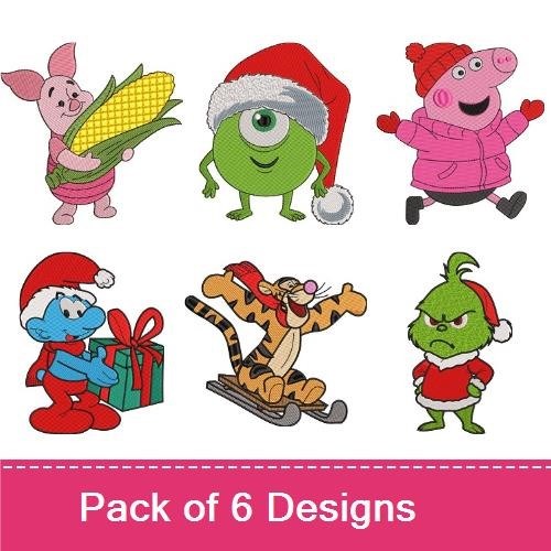 Festive Cartoon Characters Embroidery Bundle – Green Monster, Pig, Girl in Pink Coat & More (6 Designs)
