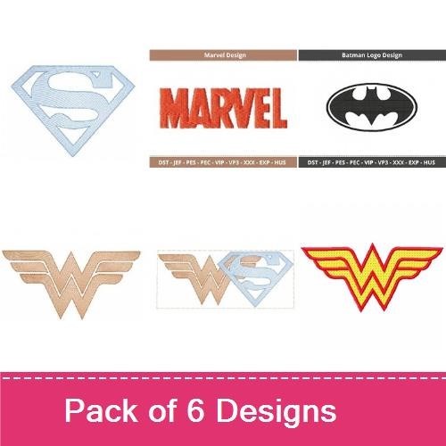Superhero Logos Embroidery Designs Bundle – Superman, Wonder Woman, Batman & More (6 Designs)