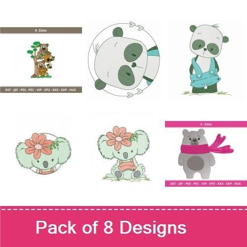Cute Koala & Panda Animals Embroidery Bundle – Panda Face, Koala with Flower, Panda Holding Heart & More (8 Designs)