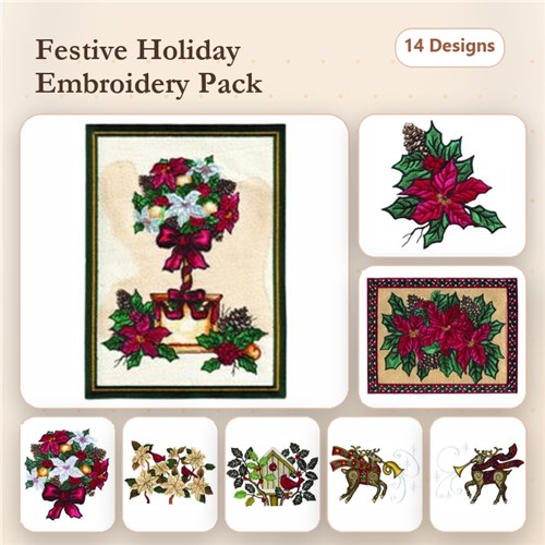 Festive Holiday Embroidery Bundle – Poinsettia Arrangement, Reindeer with Poinsettia, Christmas Tree & More (14 Designs)