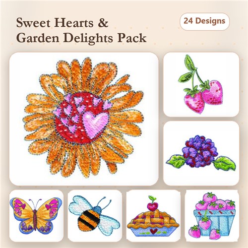 Garden Embroidery Designs Bundle – Sunflower with Hearts, Butterfly, Bee & More (24 Designs)