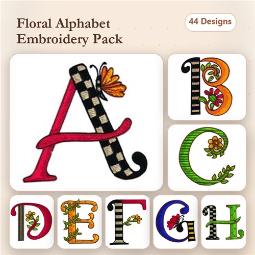 Floral Alphabet Embroidery Designs Bundle – Floral Letter A, B, C & More (44 Designs)