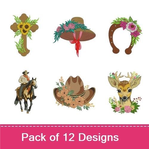 Rustic Country Charm Embroidery Designs Bundle – Floral Cross with Sunflowers, Cowboy Hat with Flowers, & More (12 Designs)