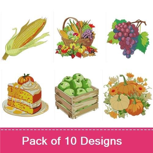 Autumn Harvest Embroidery Designs Bundle – Grapes, Flower Bouquet, Corn & More (10 Designs)