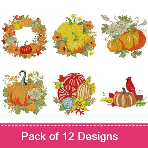 Autumn Harvest Embroidery Designs Bundle – Pumpkin Wreath, Sunflower and Pumpkin, Cardinal with Pumpkins & More (12 Designs)
