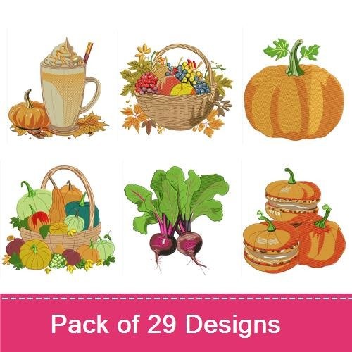 Autumn Harvest Embroidery Designs Bundle – Pumpkin Spice Latte, Sunflower, Harvest Basket & More (29 Designs)