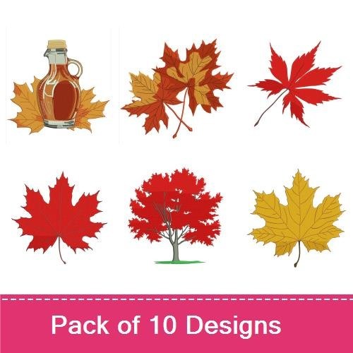 Maple Leaves & Trees Embroidery Designs Bundle – Maple Syrup Bottle, Red Maple Leaf, Fall Maple Tree & More (10 Designs)
