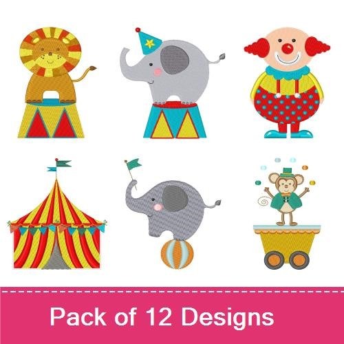 Circus Theme Embroidery Designs Bundle – Elephant on Ball, Lion Tamer, Clown & More (12 Designs)