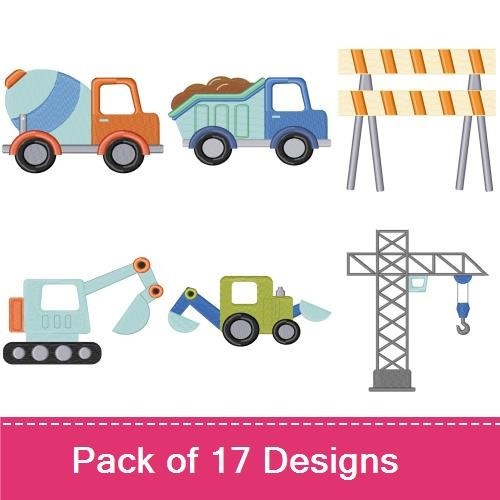Construction Vehicles & Signs Embroidery Designs Bundle – Cement Mixer Truck, Dump Truck, Traffic Cone & More (17 Designs)