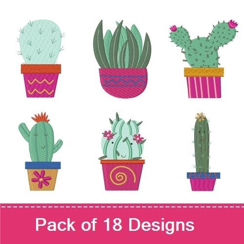 Cheerful Cacti Embroidery Designs Bundle – Cactus in Pink Pot, Tall Green Cactus, Cactus with Spiral Pattern Pot & More (18 Designs)