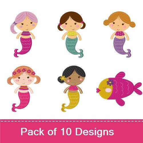 Mermaids & Sea Creatures Embroidery Designs Bundle – Mermaid with Pink Tail, Mermaid with Purple Tail, Fish & More (10 Designs)